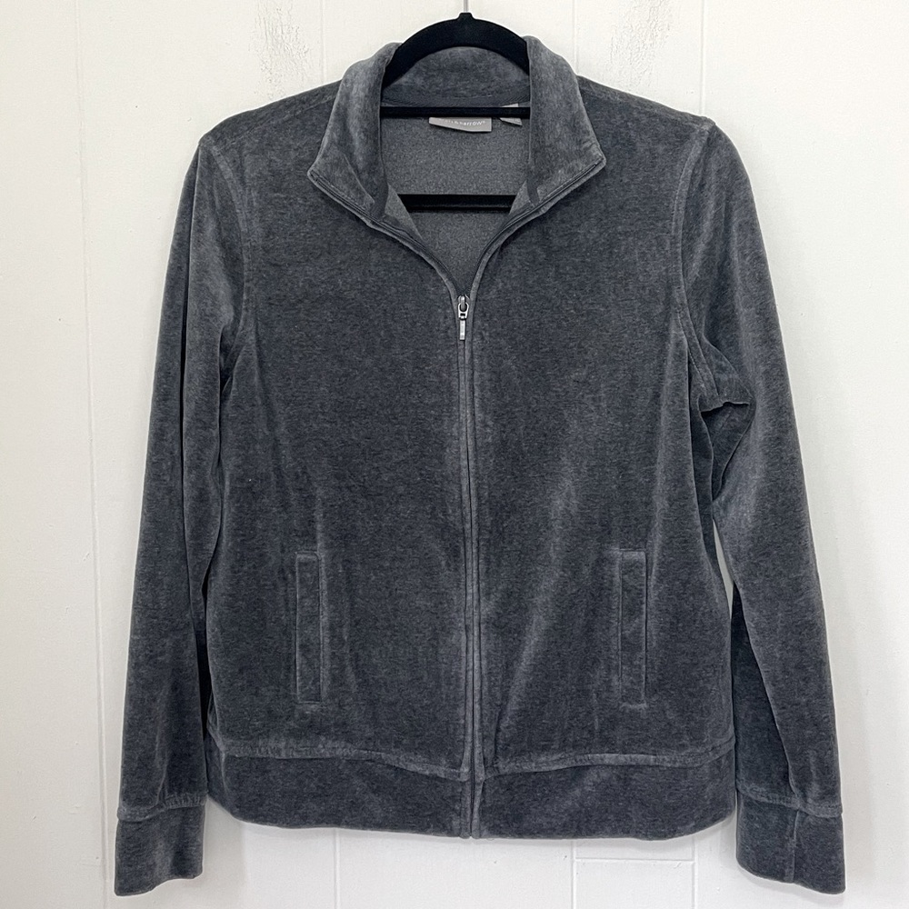 Croft & Barrow Velour Full Zip Track Jacket Size M Grey Athleisure Casual Cozy